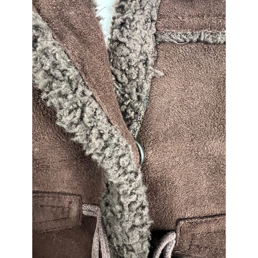 Vintage Talbots Chocolate Brown Faux Fur Trim Suede Toggle Coat Petite Large - Picture 7 of 8